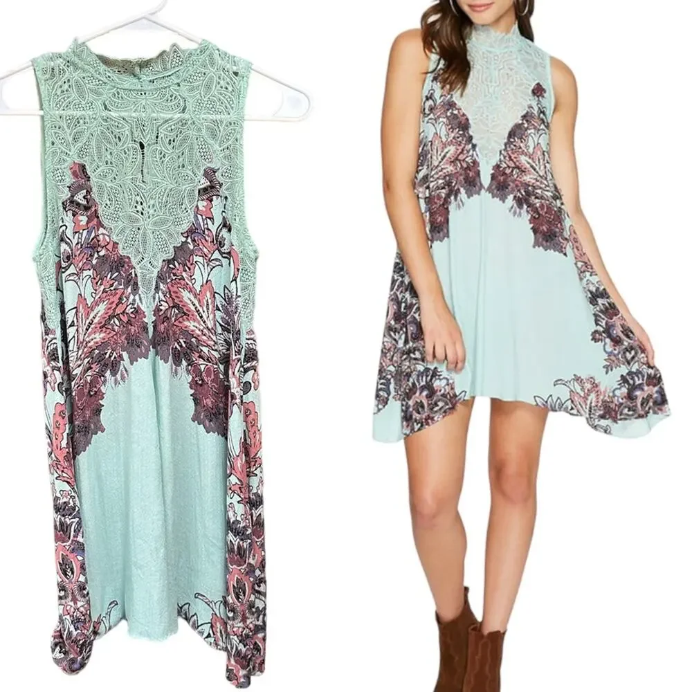 NWT Free People Womens Marsha Lace Slip Mini Dress Mermaid Green X-Small